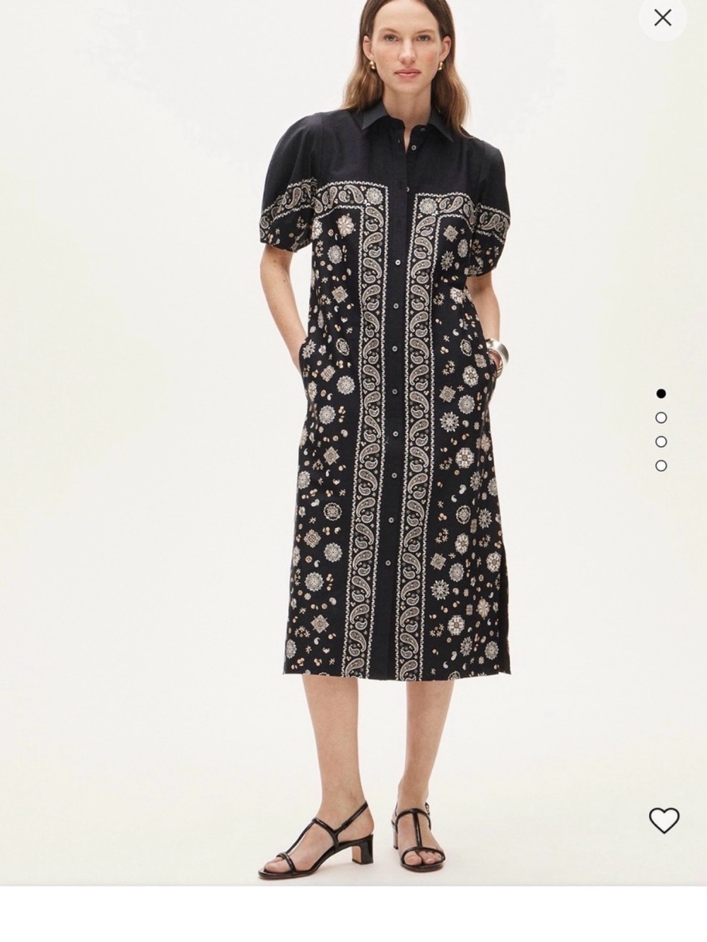 J. Crew Black Midi Shirt Dress with Cream Bandana Paisley Print